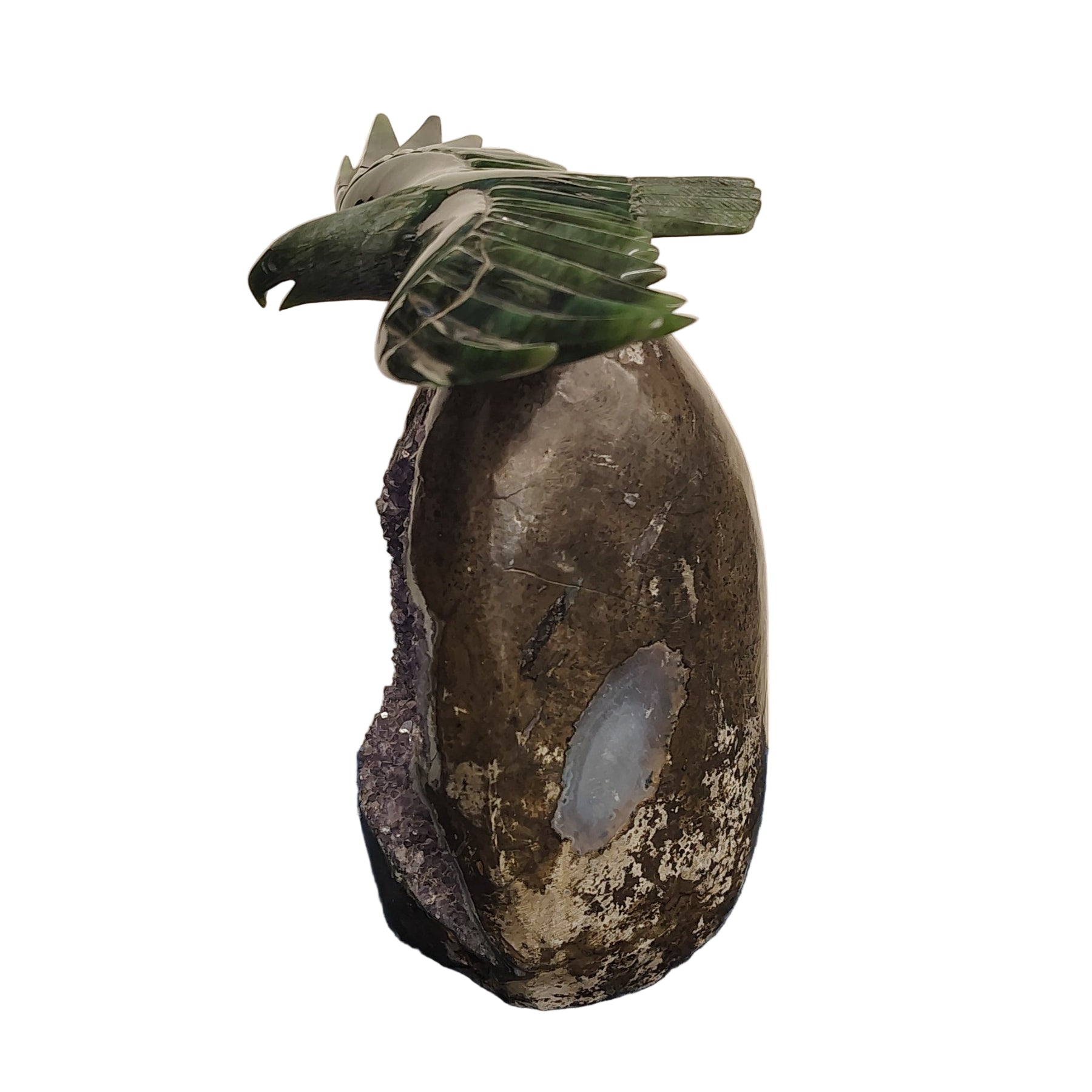 This is the left side of this jade eagle on a amethyst geode stand