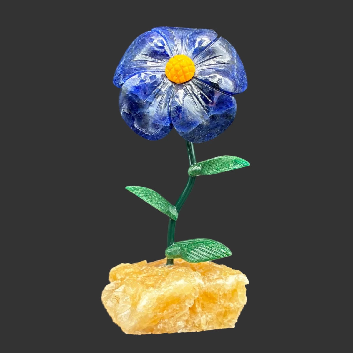 Front side of this polished Sodalite daisy flower on a calcite base, in front of a black background.