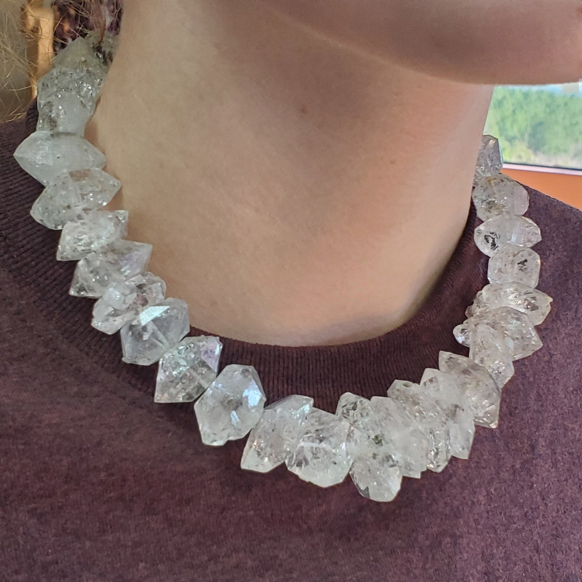 Herkimer Diamond Choker Necklace Light Salt And Pepper 16 Inch XXL Large Stones