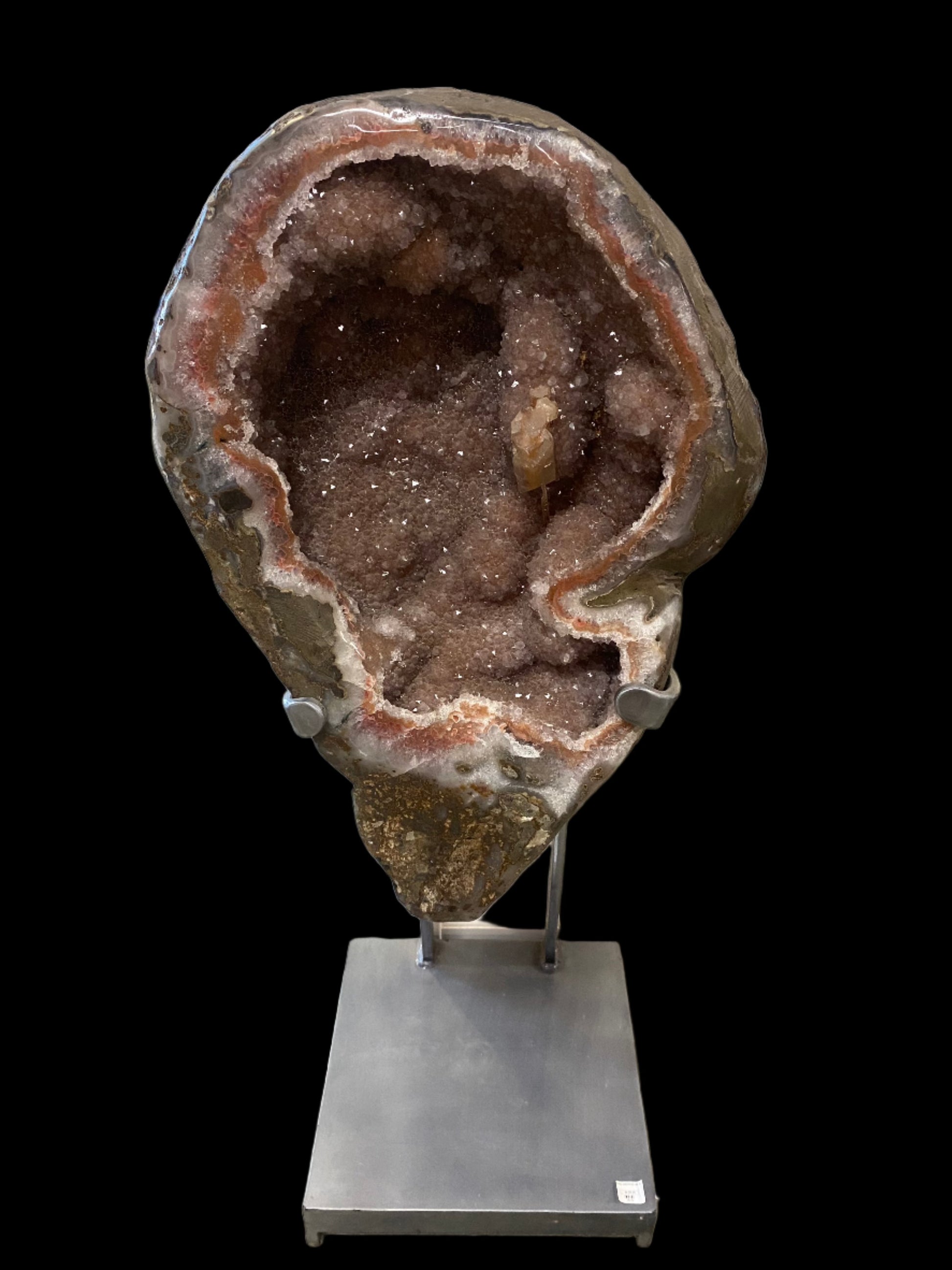 Large Pink Drusy Geode On Metal Stand