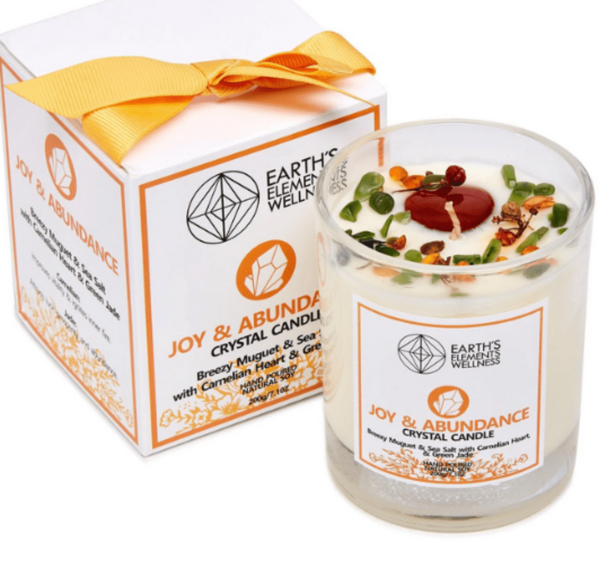 Joy Abundance Crystal Gemstone Soy Candle Carnelian Green Jade Earth's Elements Wellness