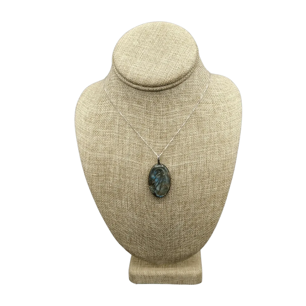 This is the front view of this Sterling Silver and polished Labradorite pendant necklace