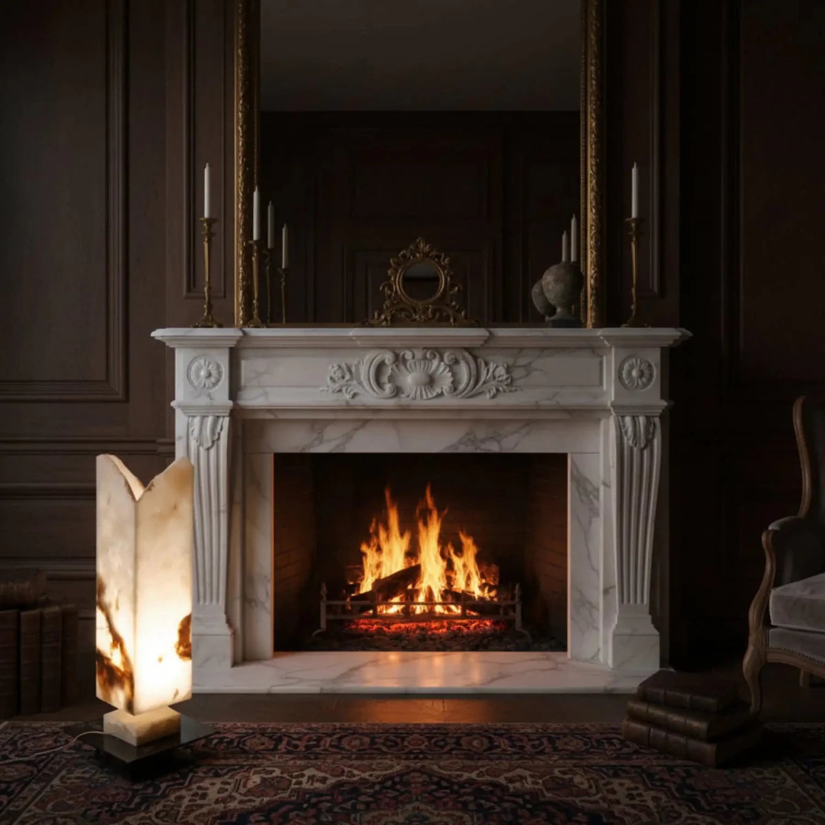 Lamp Onyx Carved Serpentine Beige Swivel Table Lighting next to a fireplace.
