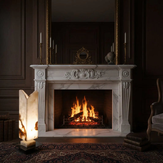 Lamp Onyx Carved Serpentine Beige Swivel Table Lighting next to a fireplace.