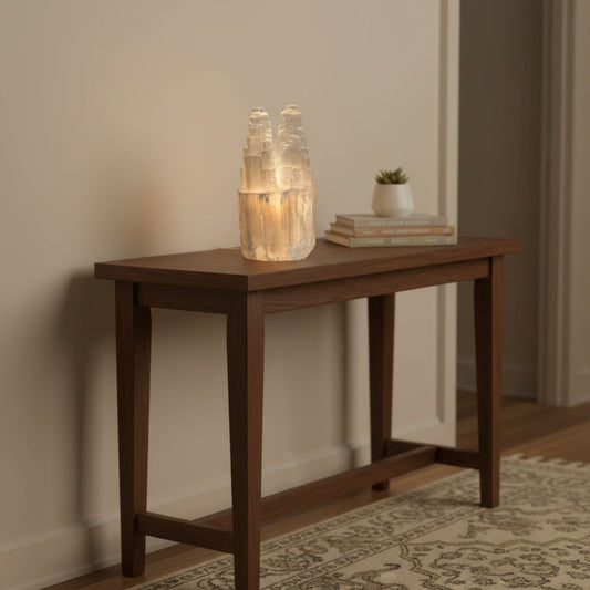 Lamp Raw Selenite Mineral Double Spiral Lamp Air Purifying Home Decor, on a table in a entry way.