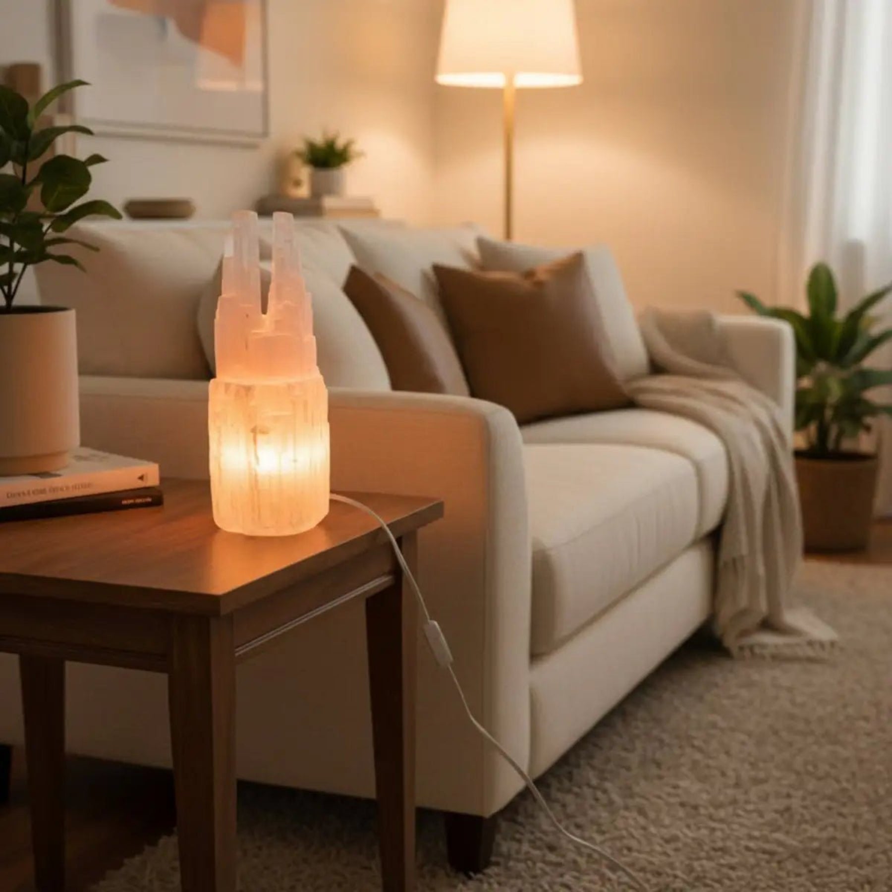 Selenite lamp on a table in a living area.