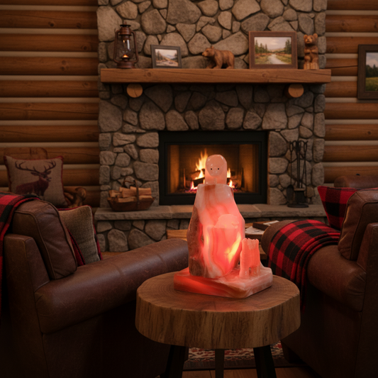 Lamp Tabletop Lighting Carved Onyx Stone Three Bears Cabin Decor, in front of a fireplace.