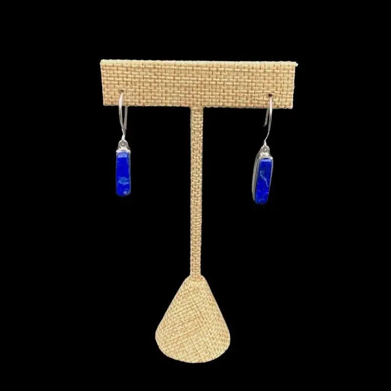 Lapis Earrings Sterling Silver Rectangular Shape Dangle Style On Burlap Display Stand