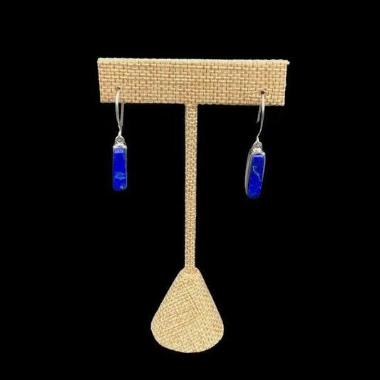Lapis Earrings Sterling Silver Rectangular Shape Dangle Style On Burlap Display Stand