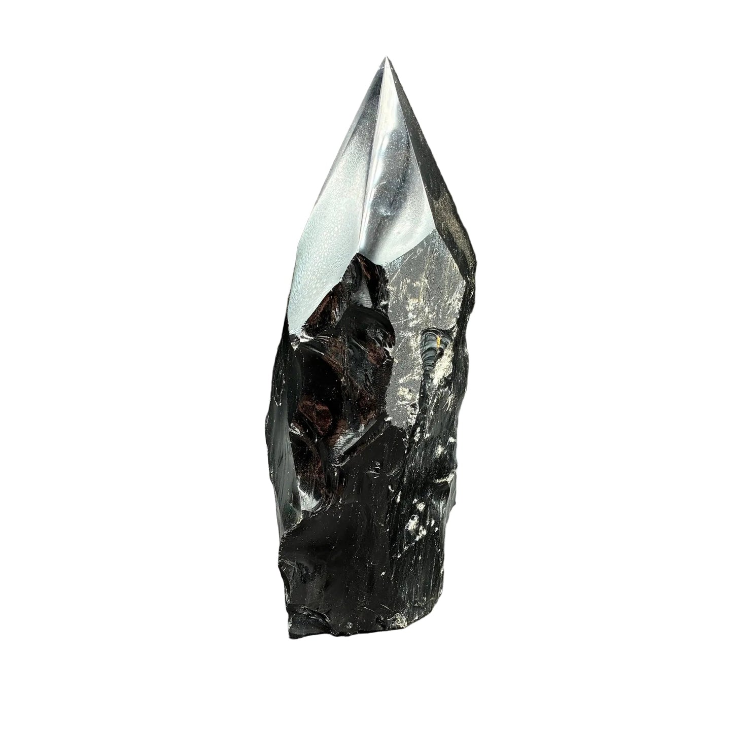 This is the side view of this polished black obsidian point.