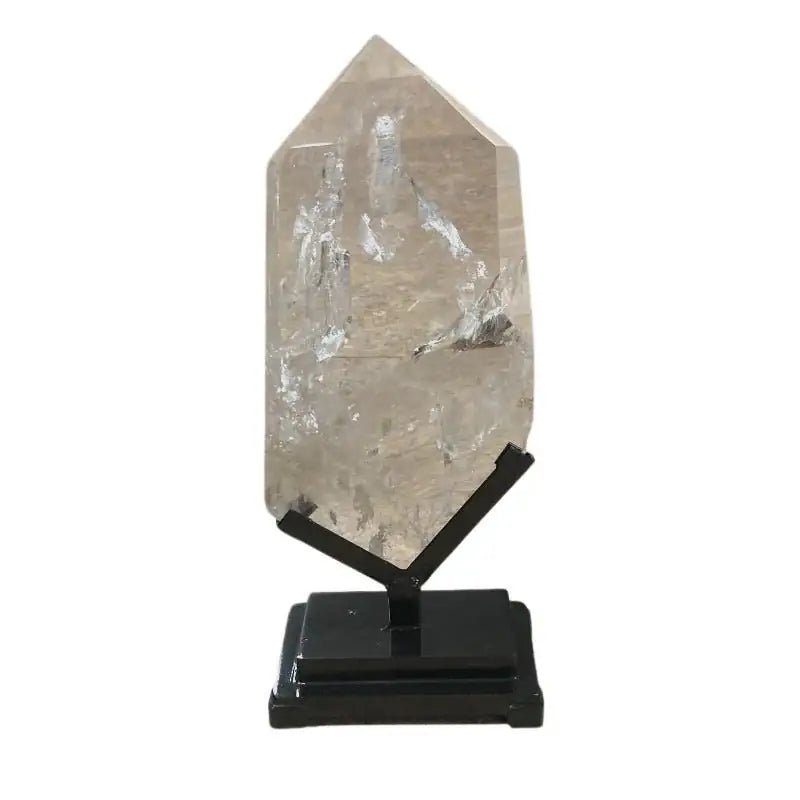 Large Clear Quartz Crystal Tower on display stand back view