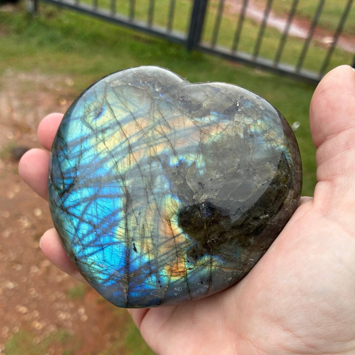 Back side of this polished and hand carved Labradorite heart, outdoors in natural light.
