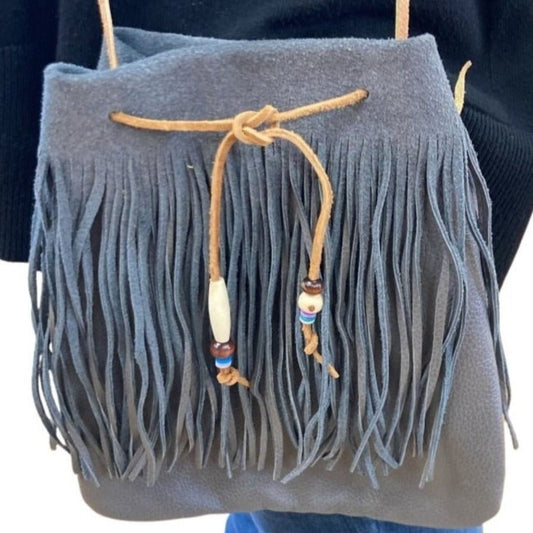 Large Leather Pouch With Fringe