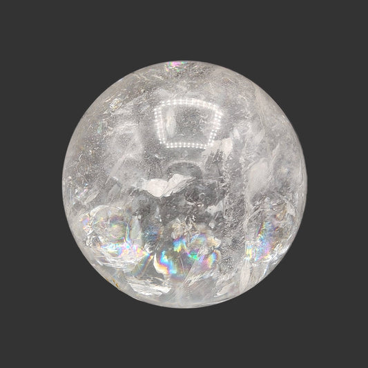 this is the front view of this large and polished quartz crystal ball. You can see a beautiful rainbow of color