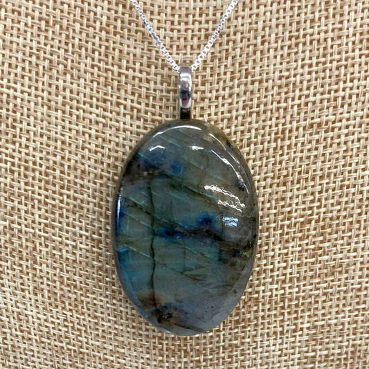 Large Oval Labradorite Sterling Silver Cabochon Pendant Necklace