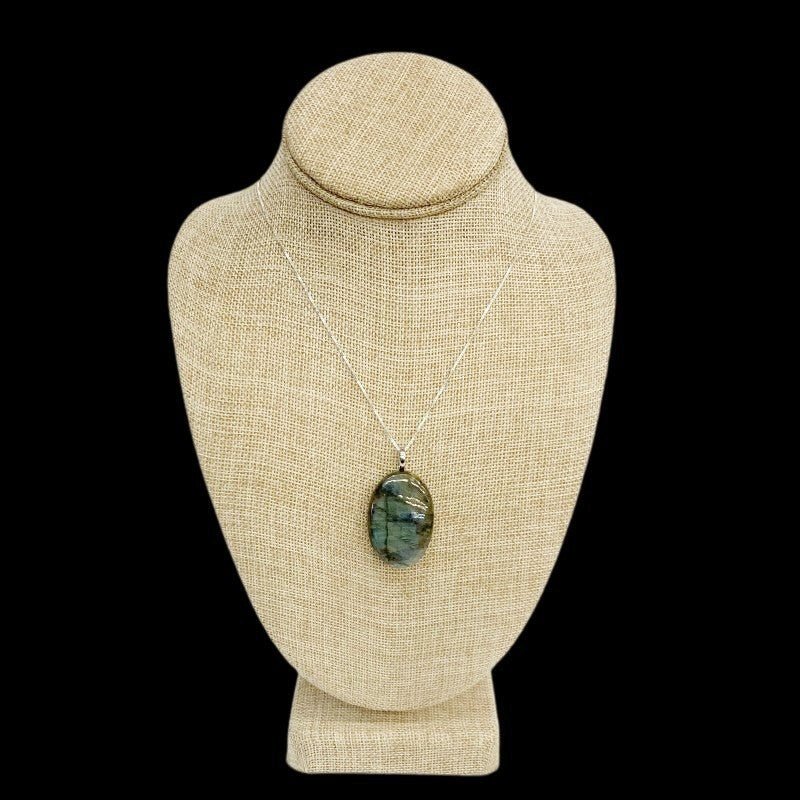 Large Oval Labradorite Sterling Silver Cabochon Pendant Necklace