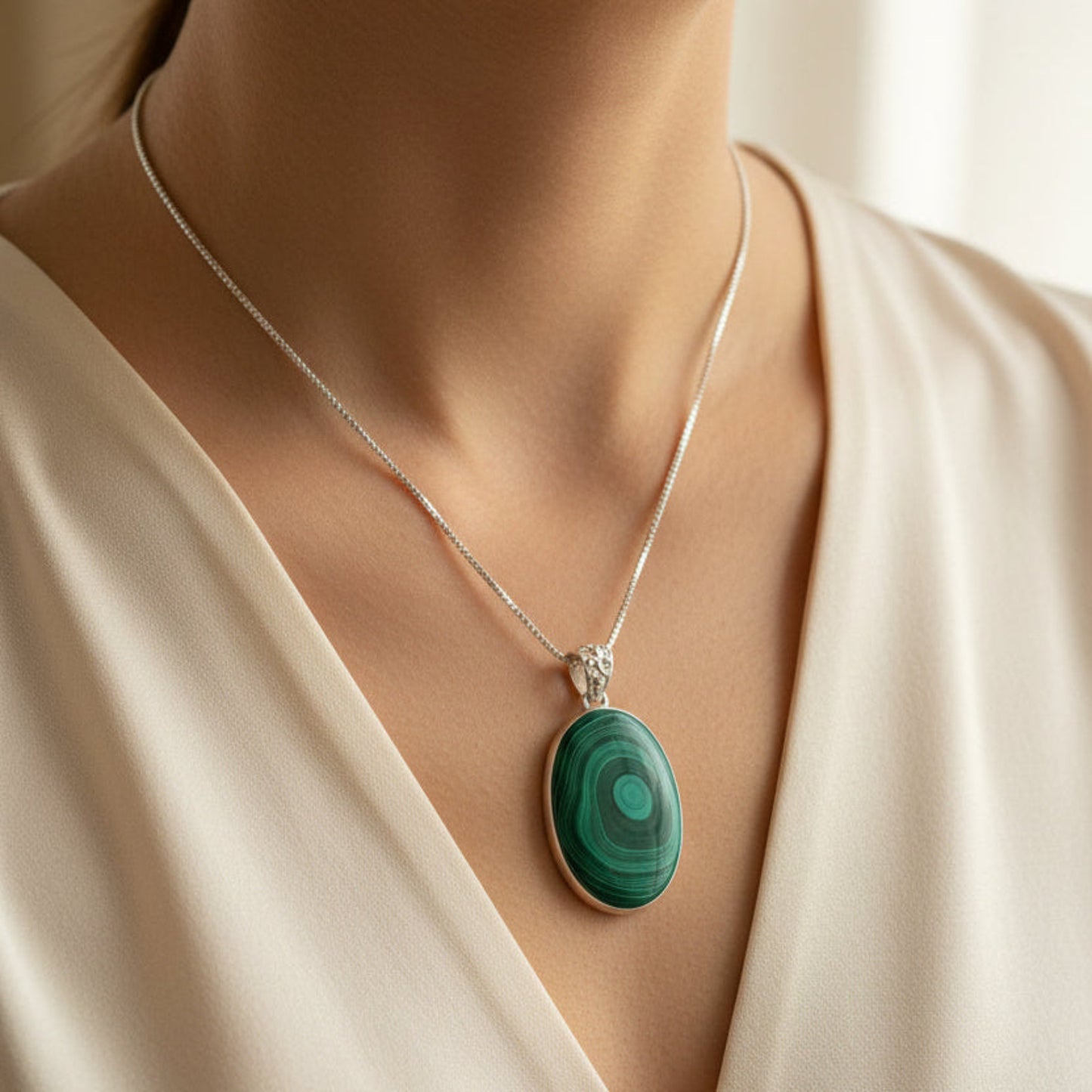 Sterling Silver and green Malachite pendant necklace around a woman's neck.