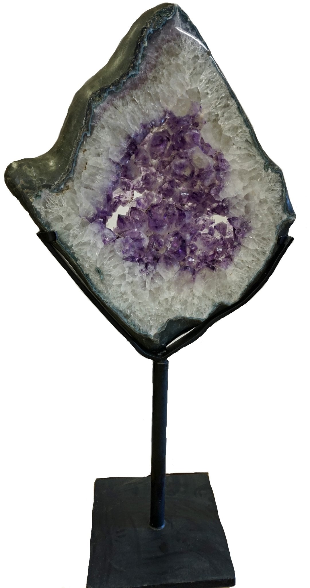 Large Polished Amethyst Slice On Black Metal Stand Statement Mineral Decor