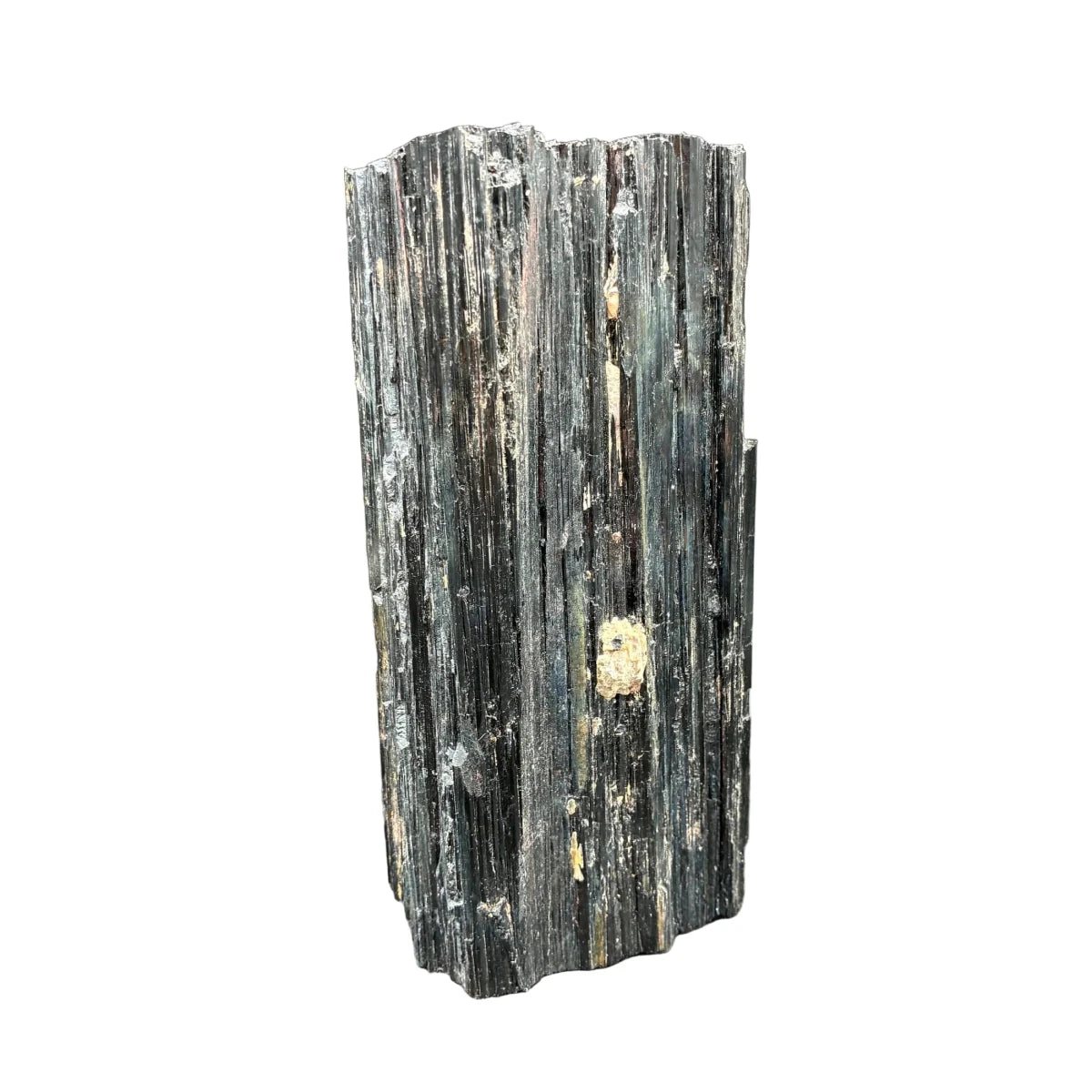 Back side of this black tourmaline in front of a white background.