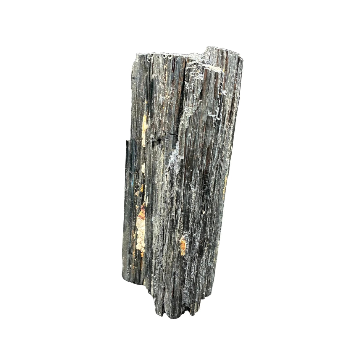 Left side of this black tourmaline in front of a white background.