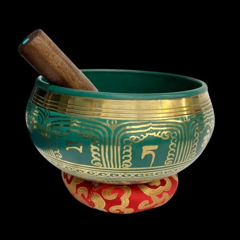 Large Green Singing Bowl Chakra Symbols on donut cushion