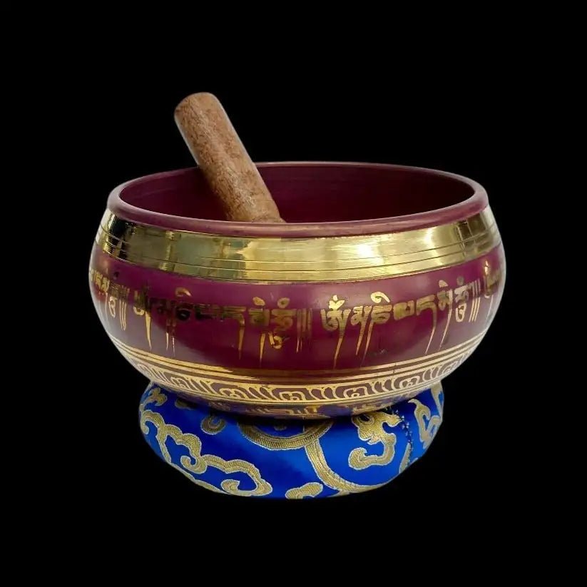 Large Purple Singing Bowl With Chakra Symbols on donut cushion