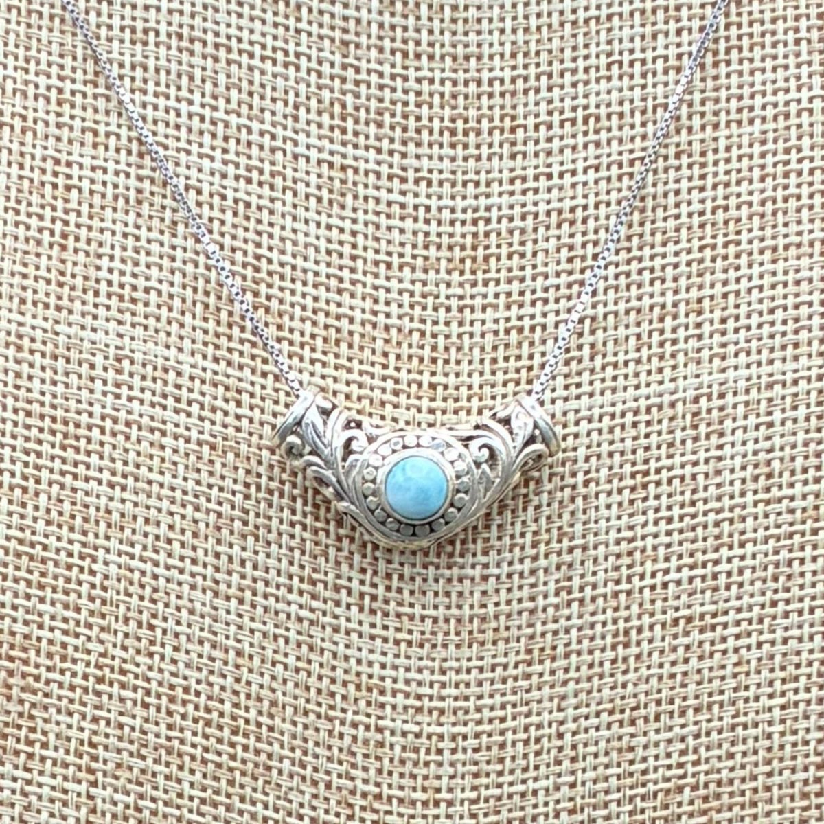 Close up of the ornate Sterling Silver Larimar on a Sterling Silver adjustable chain.