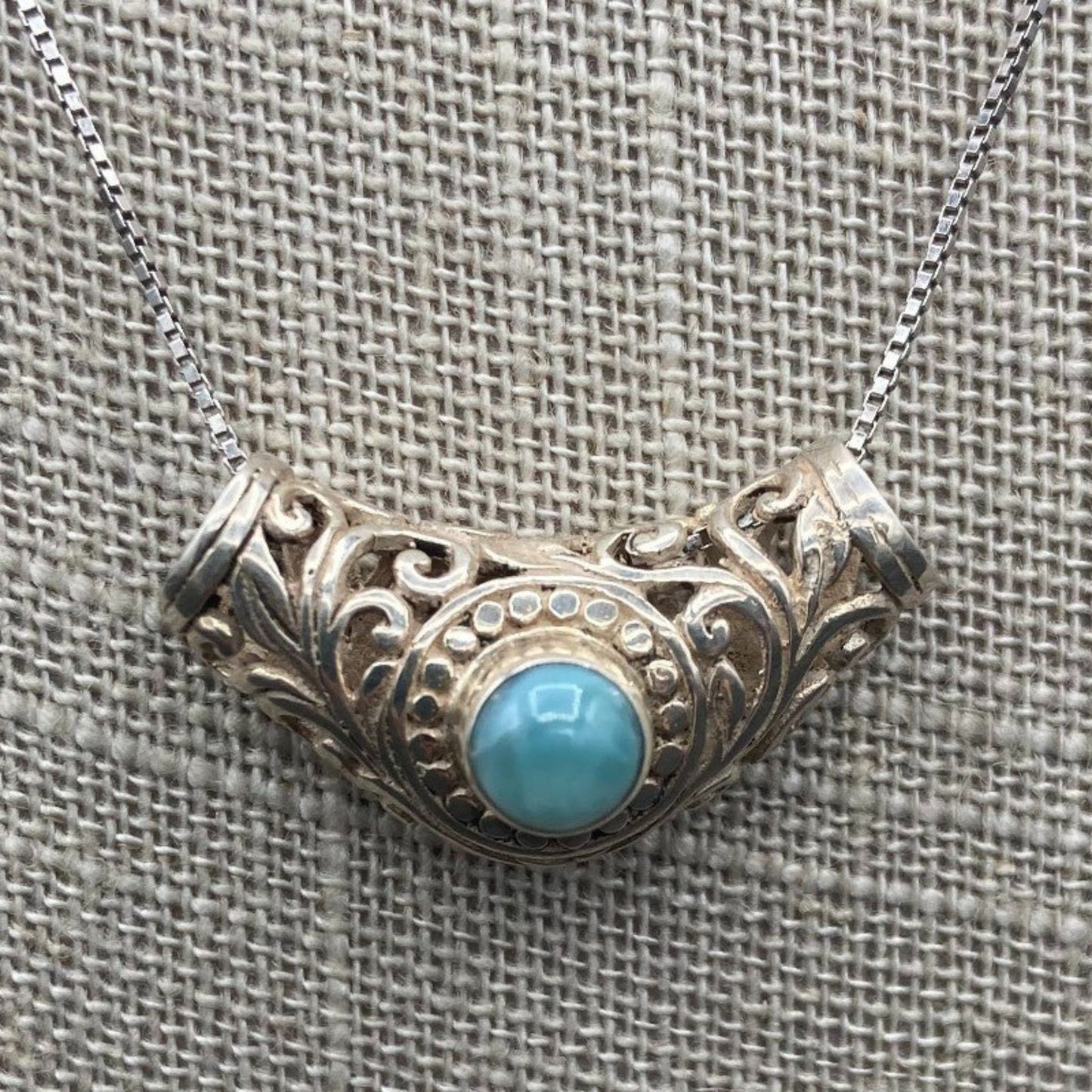 Larimar Ornate Sterling Silver Necklace Blue Stone Jewelry 22 Inch