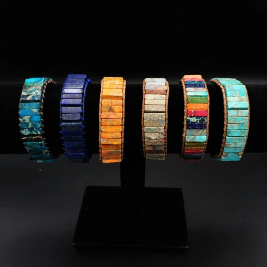Leather Gemstone Bracelet Natural Multi - Stone Wrap Adjustable To 8.5 Inches