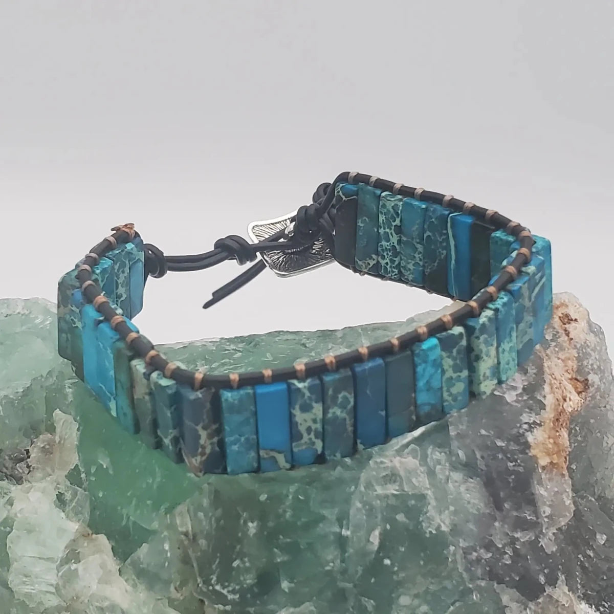 Leather Blue and Green Gemstone Bracelet Natural Multi - Stone Wrap Adjustable To 8.5 Inches