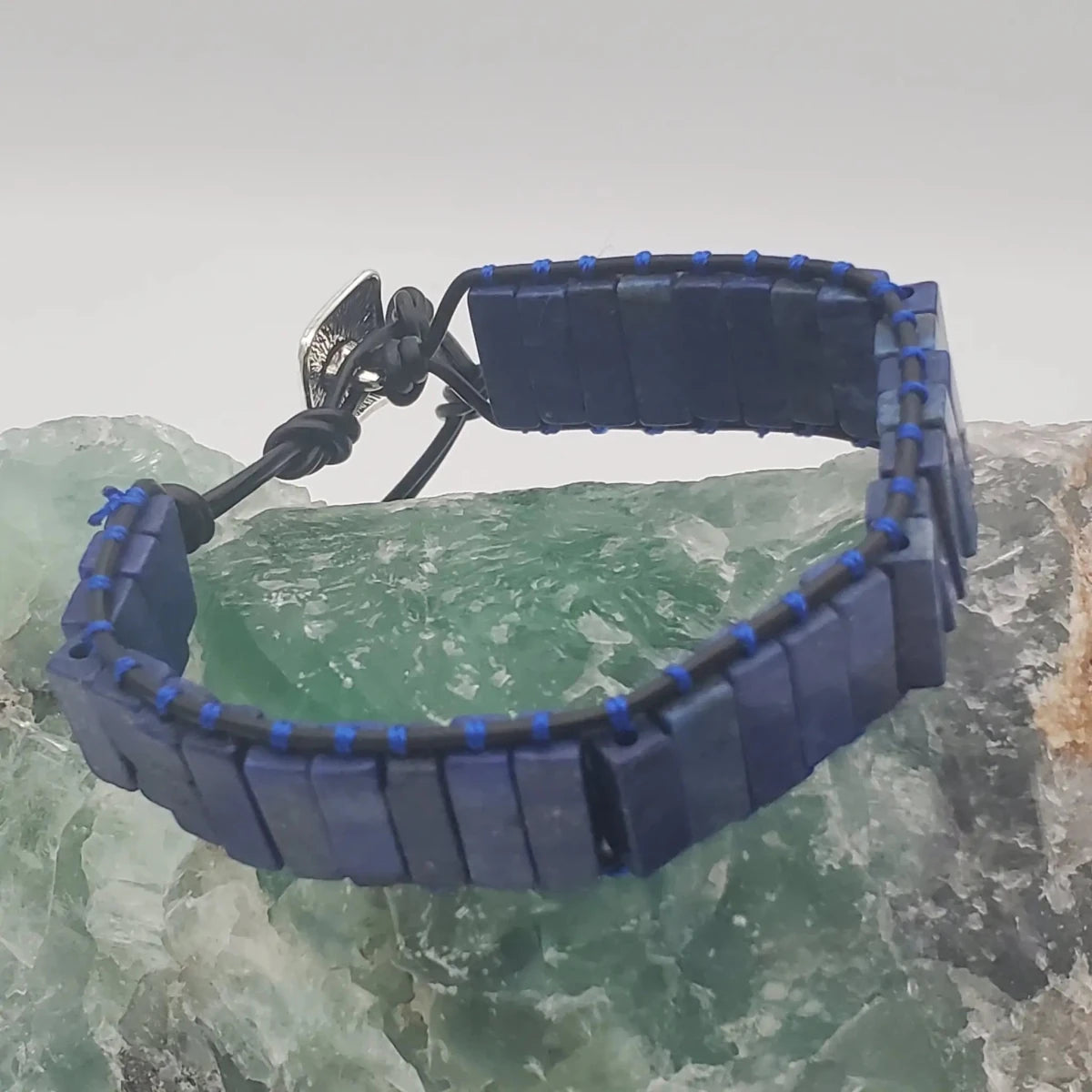 Leather Blue Gemstone Bracelet Natural Multi - Stone Wrap Adjustable To 8.5 Inches