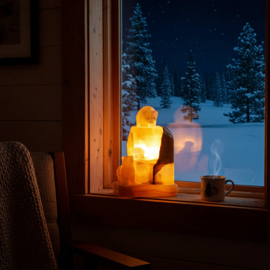 Lighting Lamp Tabletop Carved Onyx Stone Three Bears Lamp in a window seal in a cabin.