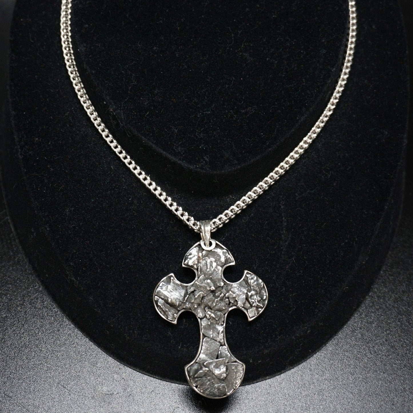 Meteorite Cross Pendant Necklace 24 Inch Sterling Chain