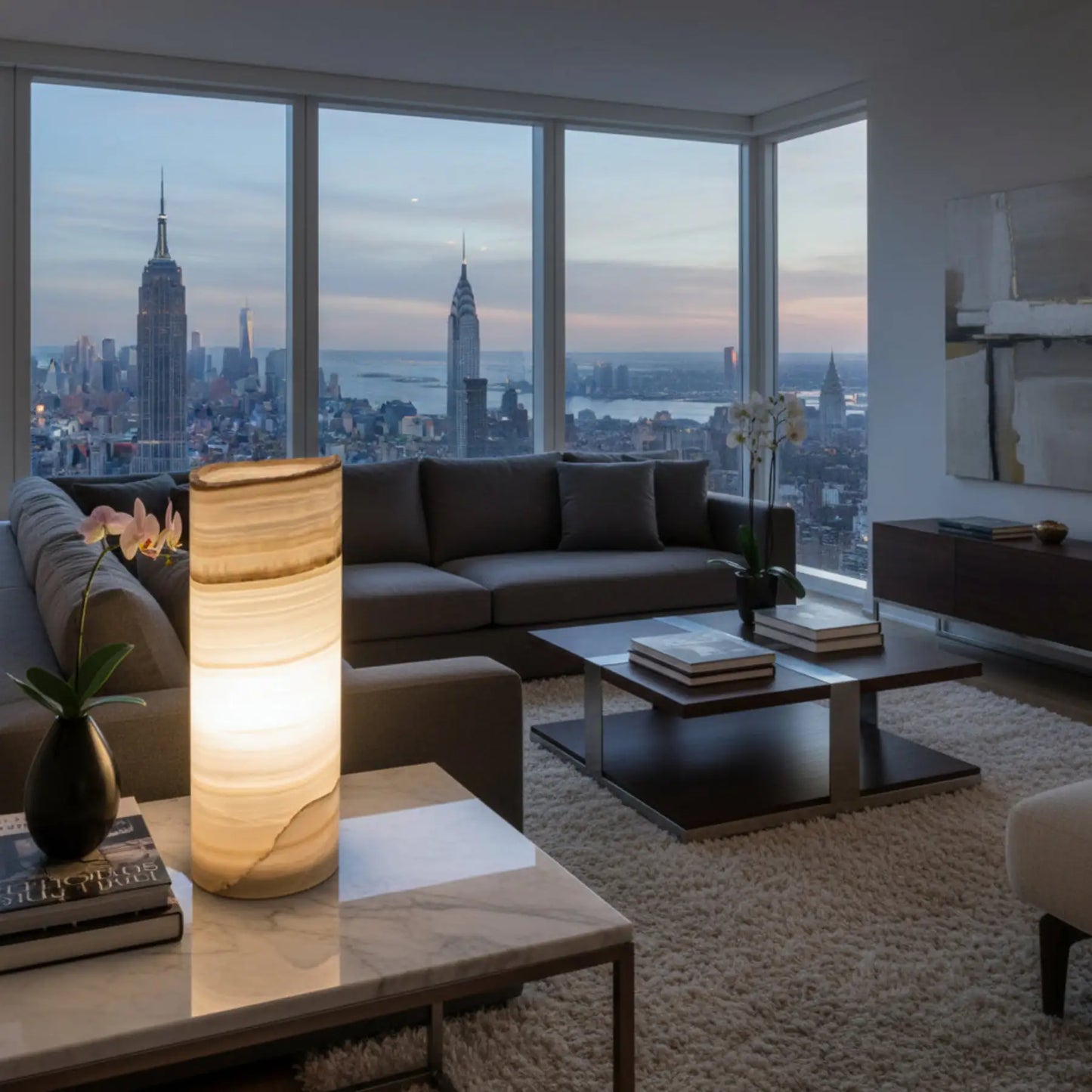 Mexican Onyx Lamp Cylinder Table Lamp Stone Lamps in a apartment in New York.