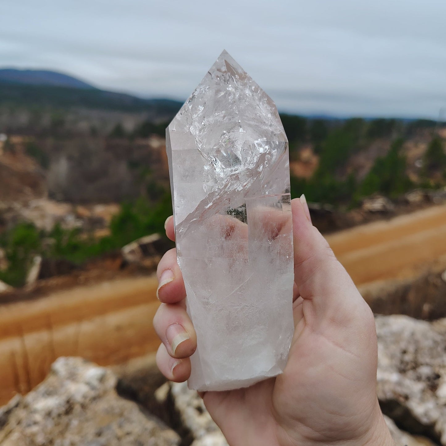 This is the front side of this Quartz crystal point in a hand, holding it in front of a natural outdoor background.