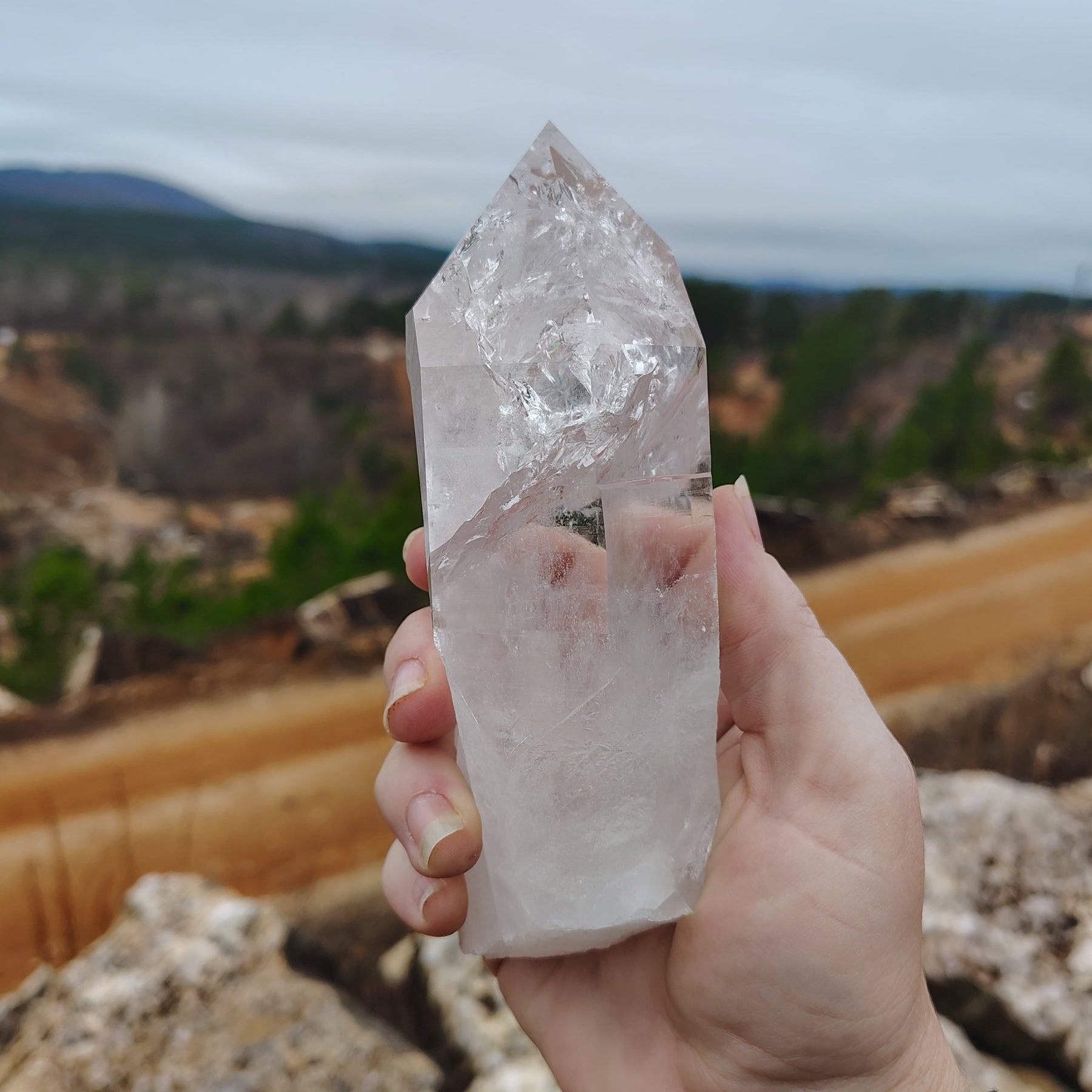 This is the front side of this Quartz crystal point in a hand, holding it in front of a natural outdoor background.
