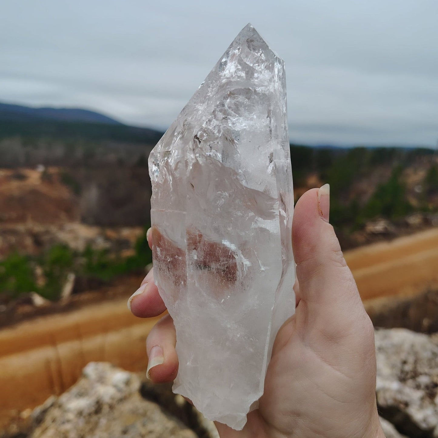 This is the left side view of this Quartz crystal point, in front of the Ron Coleman mine.