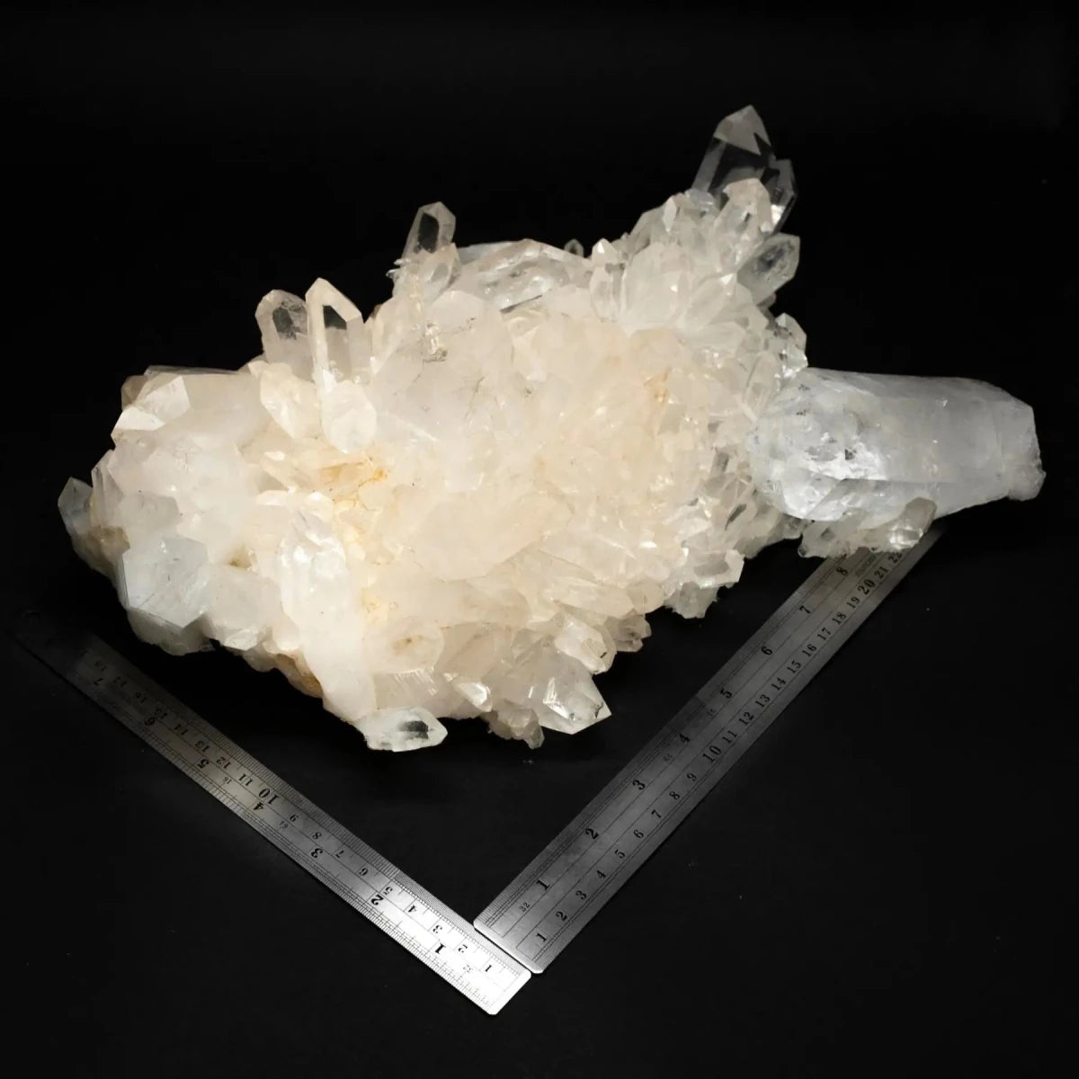 Rulers and Arkansas Clear Quartz Crystal Cluster With Large Clear Points