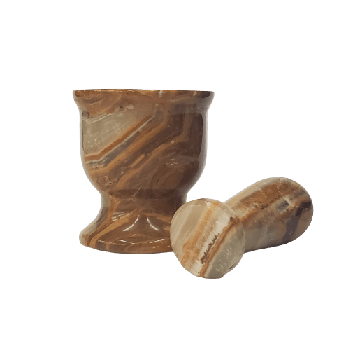 Carved Onyx Mortar And Pestle Brown, Green, Cream Colors