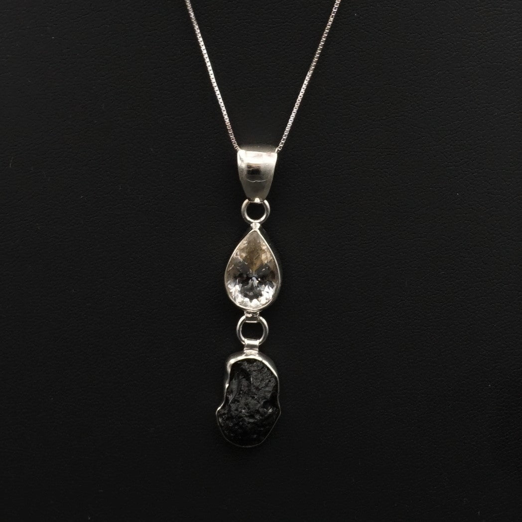 Moldavite And Herkimer Diamond Pendant Sterling Necklace