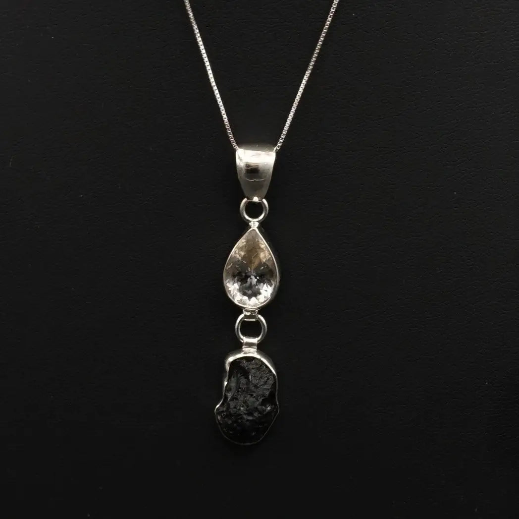 Moldavite And Herkimer Diamond Pendant Sterling Necklace