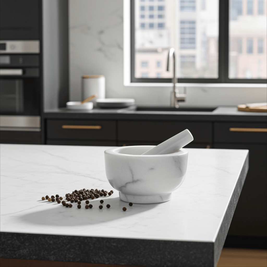 White marble mortar and pestle on a kitchen counter with black peppercorns.