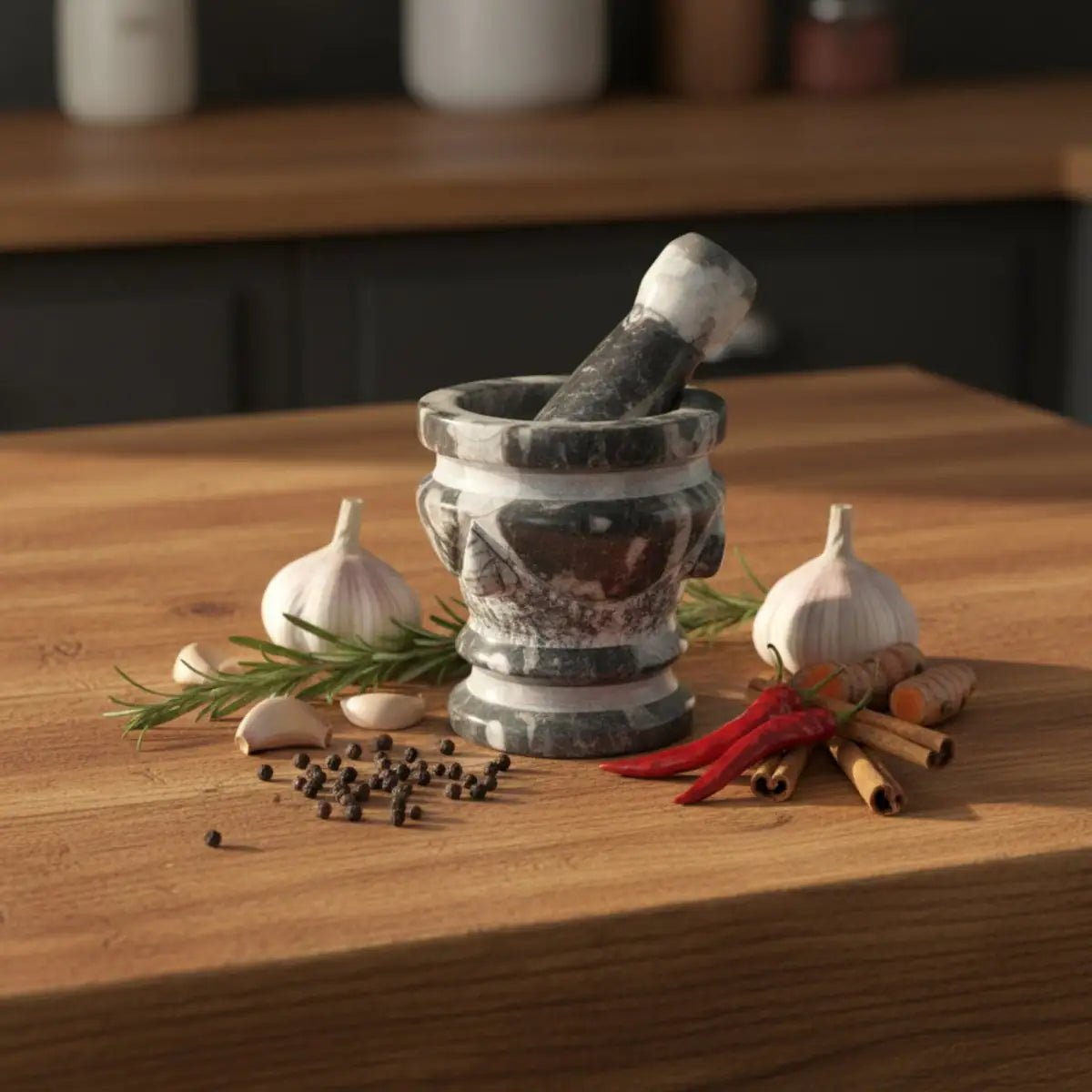 Mortar and pestle on a kitchen island, next to fresh spices.