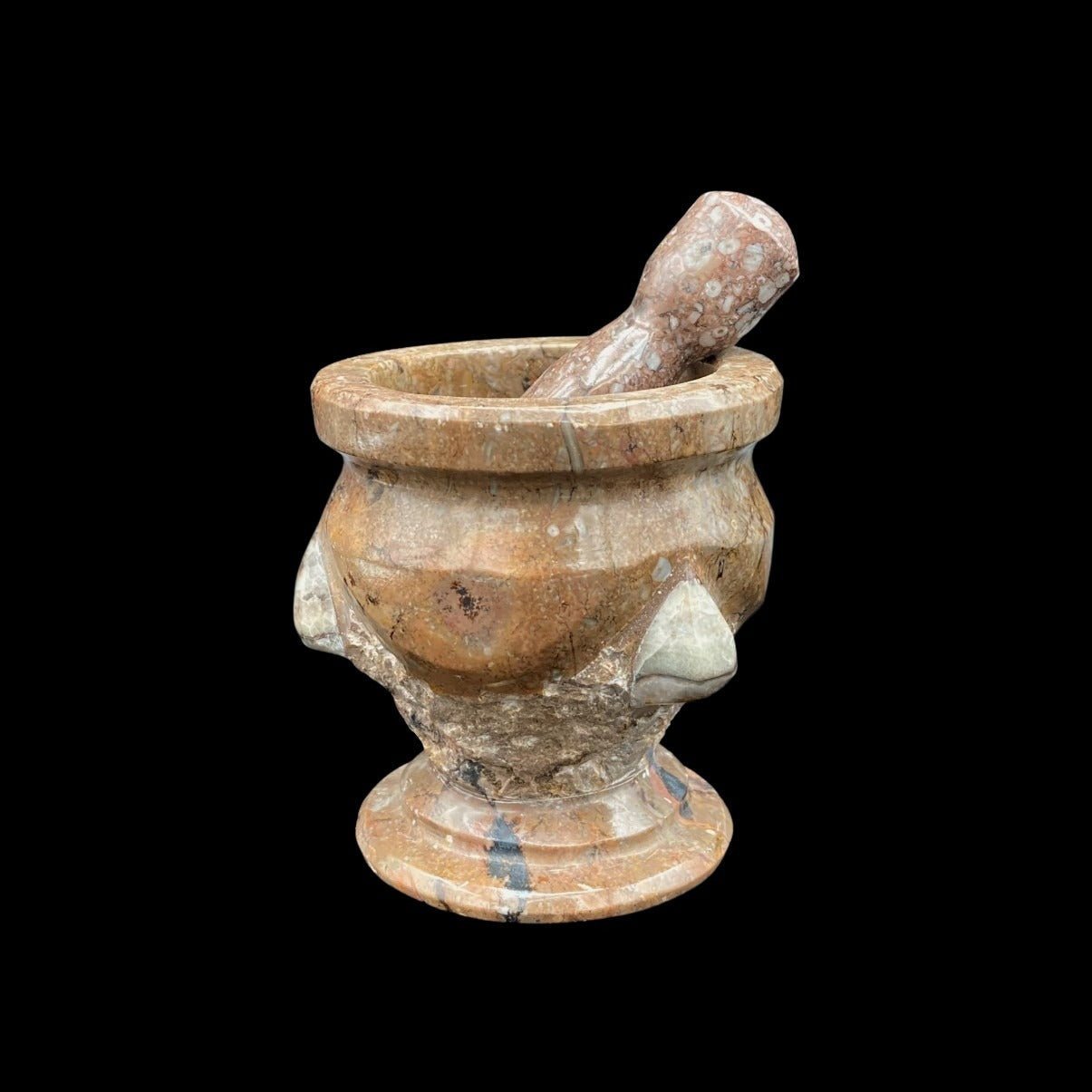 Mortar & Pestle Carved Stone Beige & Brown Natural Fossil Small