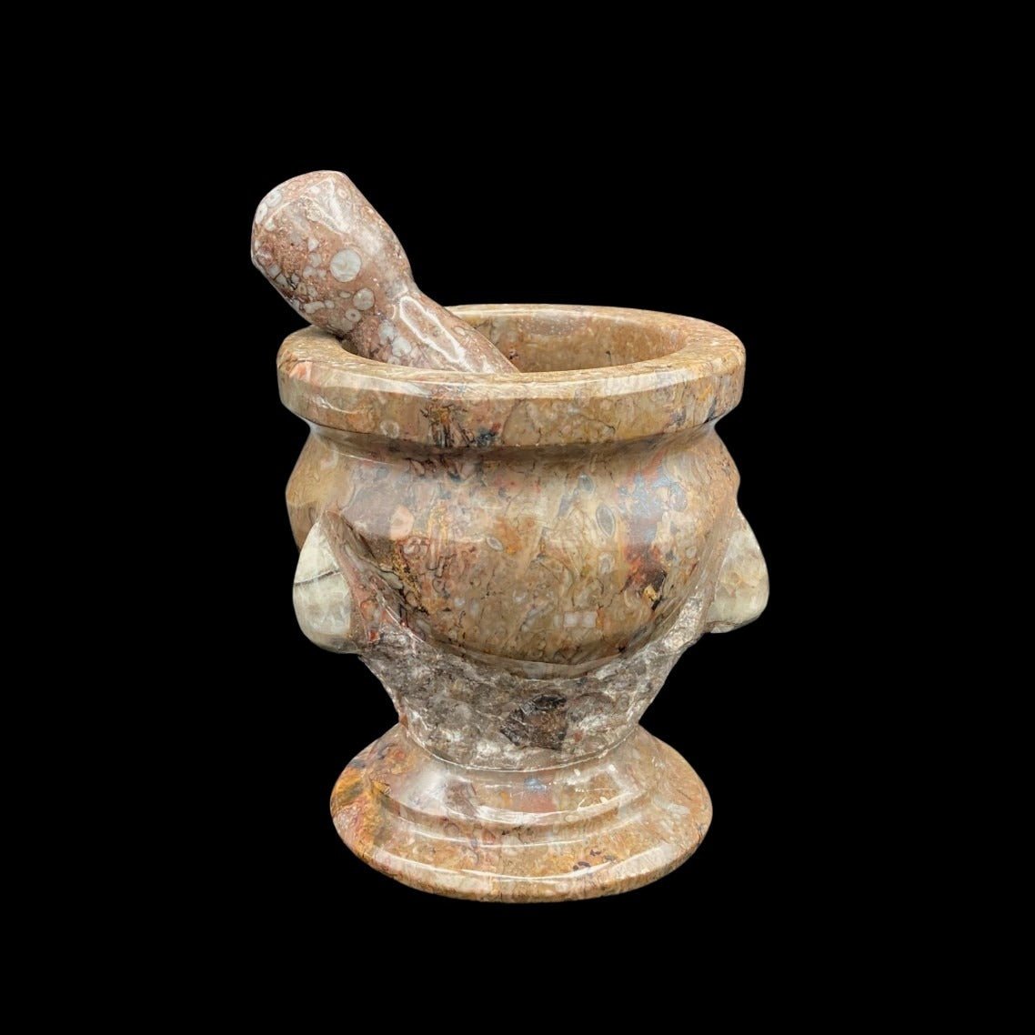 Mortar & Pestle Carved Stone Beige & Brown Natural Fossil Small