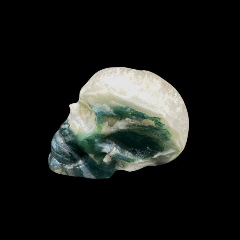 Moss Agate Skull Figurine