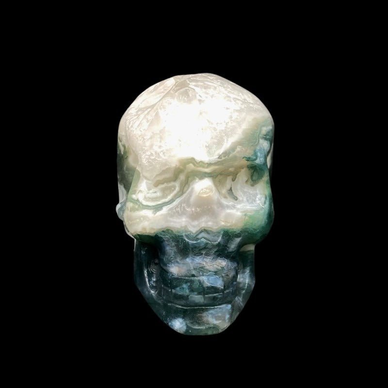 Moss Agate Skull Figurine