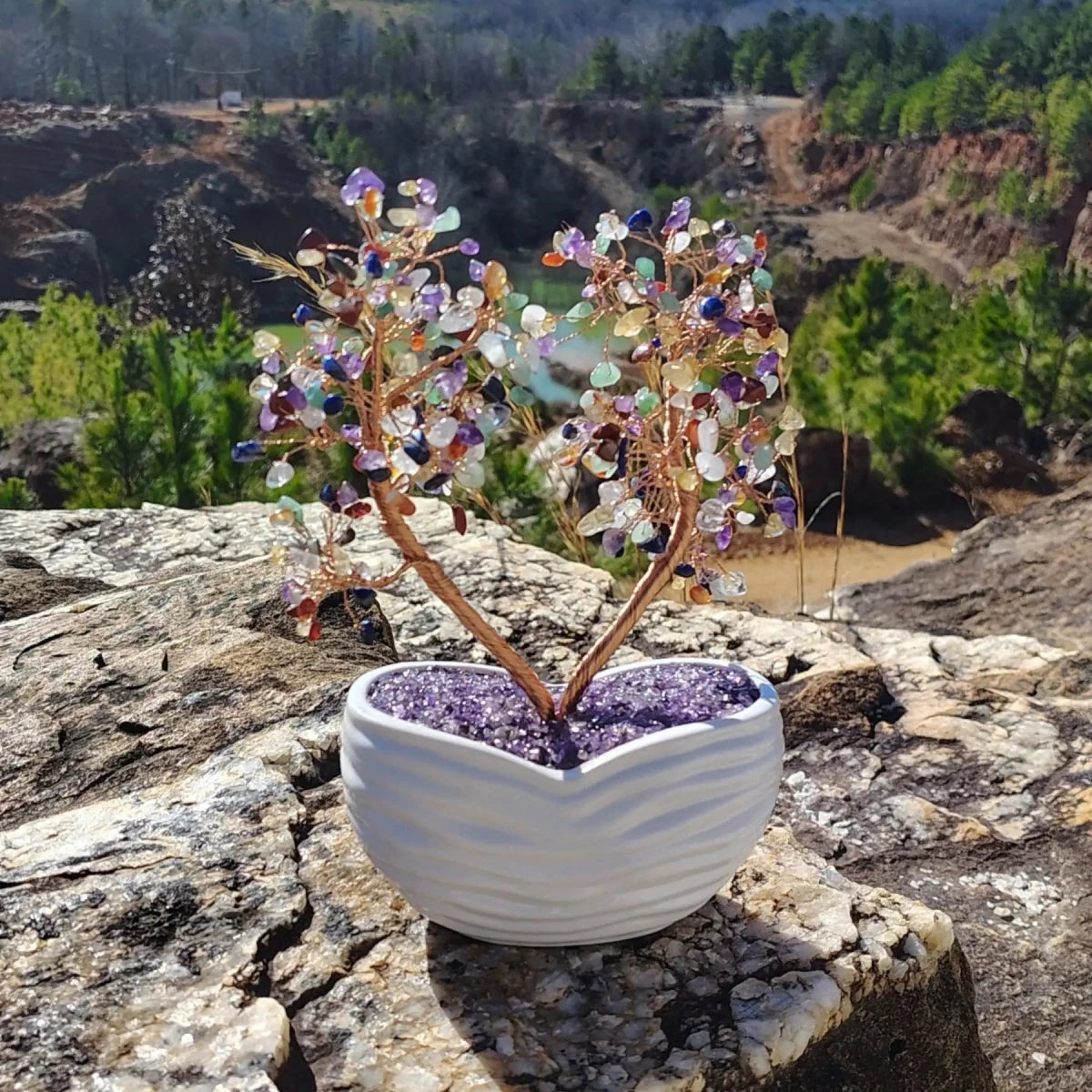 This is the front side of this multi-gemstone crystal tree. in a white  container