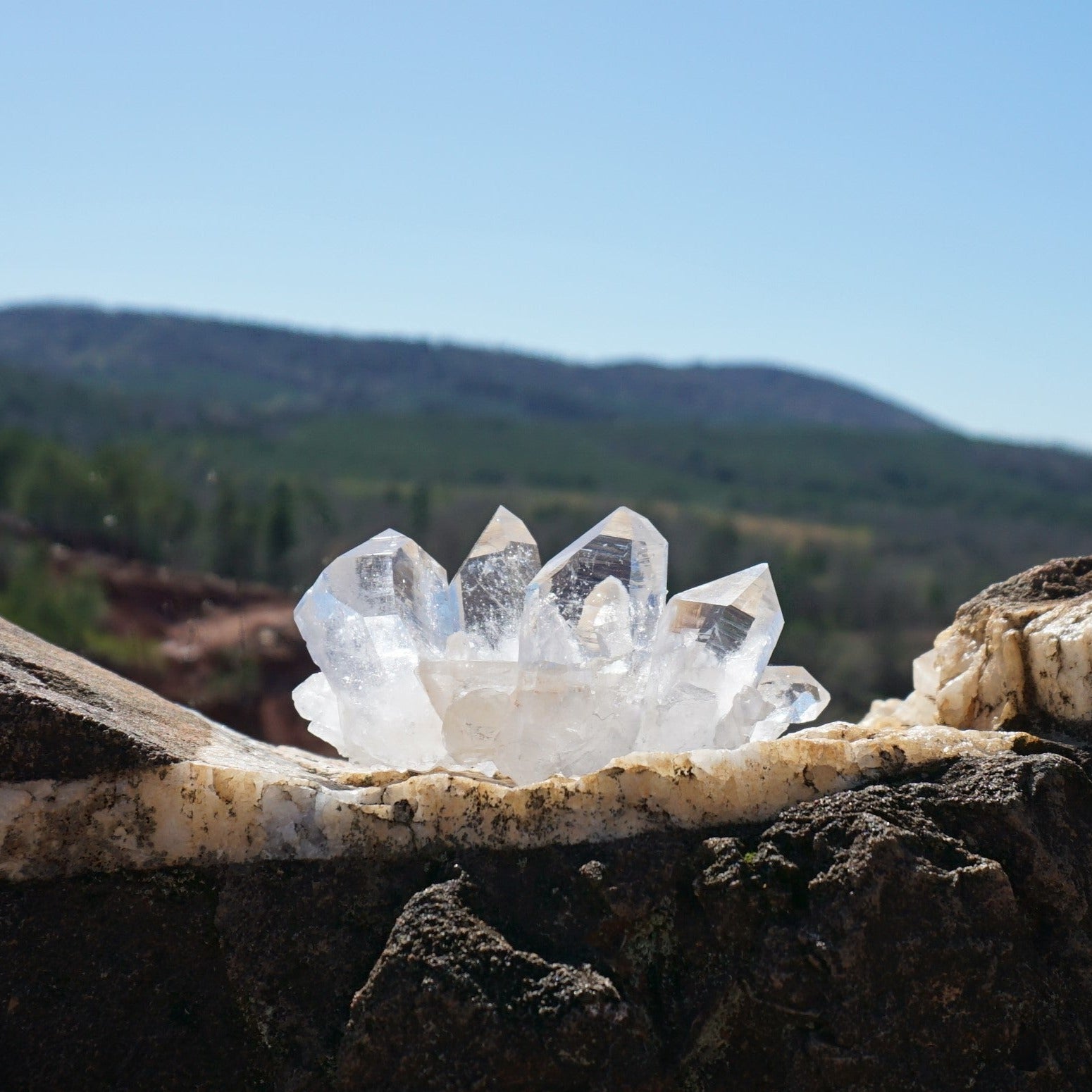 Multiple Point Super Blue Moon Charged Quartz Crystal Cluster