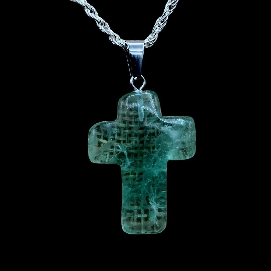 Natural And Polished Fluorite Cross Necklace Healing Crystal